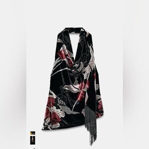 Zara Black Scarf with Red and Gray Floral Design